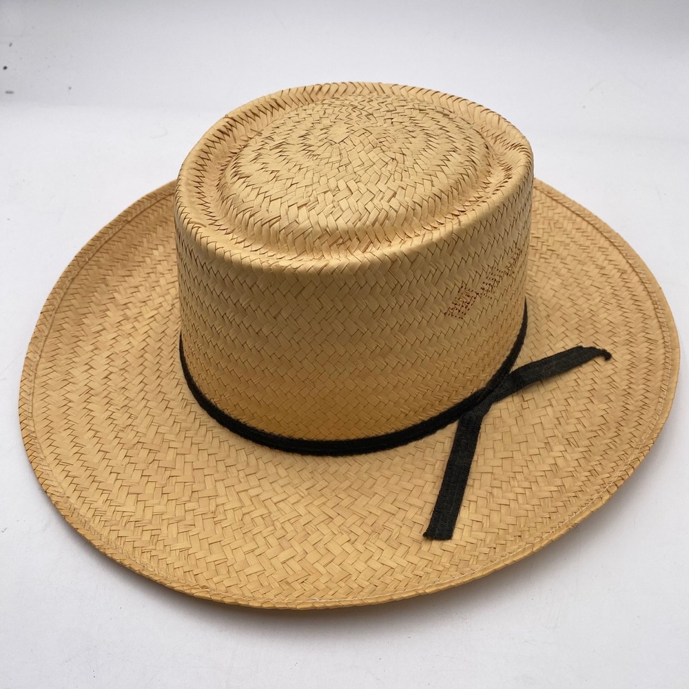 Arlop Straw Boater Gambler Hat Siz 7 STRAW Tan Black Ribbon Wide Brim Summer Sun